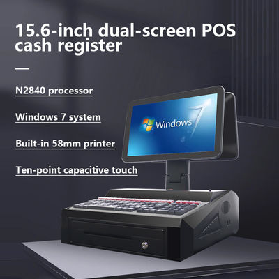 OEM ODM 15.6 بوصة شاشة مزدوجة Win7 Pos تسجيل النقدية N2840 وحدة المعالجة المركزية 2+32GB سطح المكتب POS محطة مع طابعة 58mm، لوحة المفاتيح