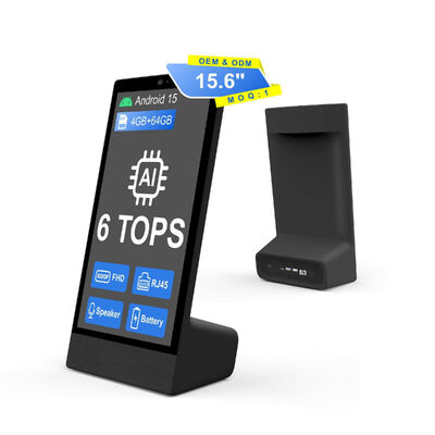 كمبيوتر لوحي بنظام أندرويد بشاشة 15.6 بوصة بدقة 1920x1080 من نوع L، يدعم Wi-Fi و NFC، وشاشة لمس سعوية، وبطارية 10000 مللي أمبير، ومعالج ثماني النواة، ومخصص لخدمة المطاعم السريعة، مع مكبر صوت