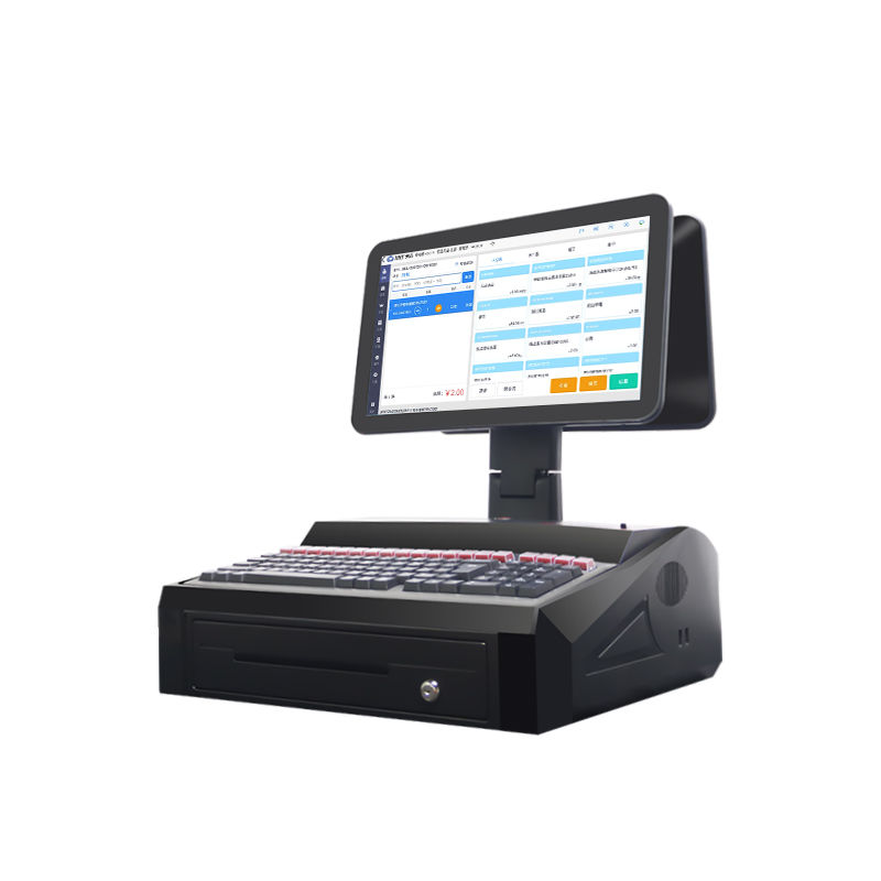 OEM ODM 15.6 بوصة شاشة مزدوجة Win7 Pos تسجيل النقدية N2840 وحدة المعالجة المركزية 2+32GB سطح المكتب POS محطة مع طابعة 58mm، لوحة المفاتيح